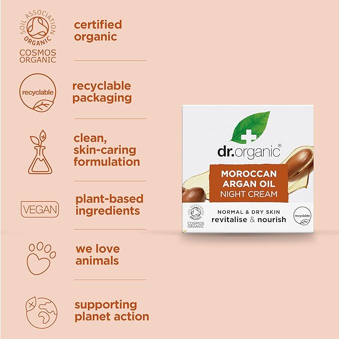 Dr. Organic Moroccan Argan Oil Night Cream | Nourishing Overnight Therapy Cream, For Normal to Dry Skin, Vegan, Natural, Certified Organic, Paraben & SLS-Free, 50 mL/ 1.7 fl oz
