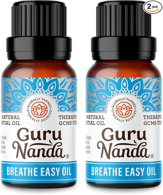 GuruNanda Breathe Easy Essential Oil (2x0.5 Fl Oz) - 100% Pure & Undiluted Aromatherapy Oil for Diffusers - Aids in Congestion for Easier Breathing