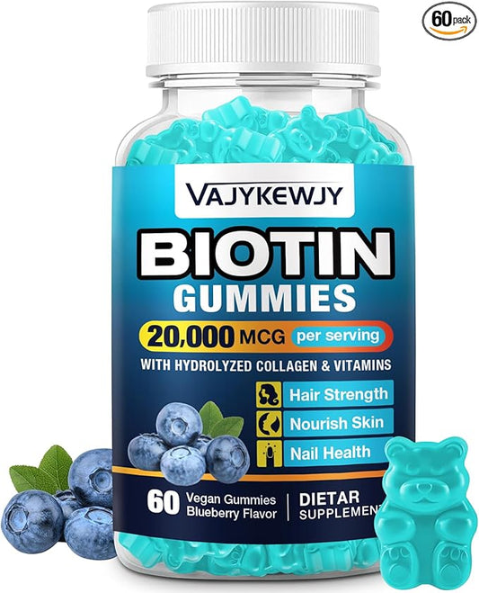 Vegan Biotin Gummies for Hair, Skin & Nails - 20,000 mcg per Serving, Suitable for Women & Men - 60 Gummies