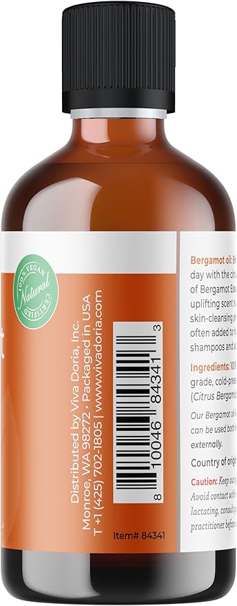 Viva Doria Bergamot Essential Oil, 100% Pure, Natural, Italian Bergamot Essential Oil, Undiluted, for Aromatherapy | Food Grade, 118 mL (4 Fluid Ounce)