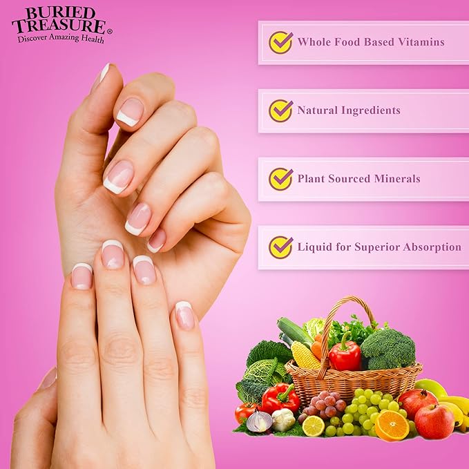 Buried Treasure Hair, Skin and Nails with MSM Biotin Aloe Vera plus Vitamins and Minerals in a High Potency Liquid Whole Food Complex for Fuller Hair, Stronger Nails and Clearer Skin 16 oz