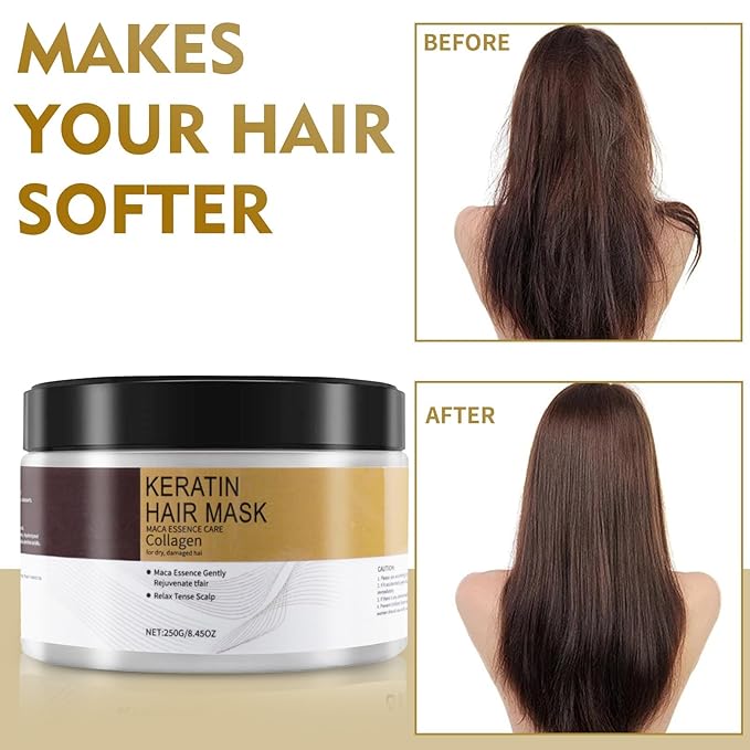 Collagen Hair Mask for Damaged Hair - Deep Repair Conditioning Argan Oil Treatment for Curly or Straight Thin Fine Hair (250ml)