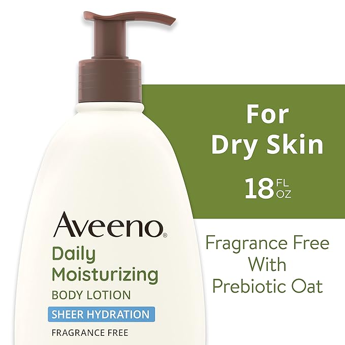 Aveeno Sheer Hydration Daily Moisturizing Fragrance-Free Lotion with Nourishing Prebiotic Oat, Fast-Absorbing Body Moisturizer for Dry Skin with Lightweight, Breathable Feel, 18 fl. oz (Pack of 2)