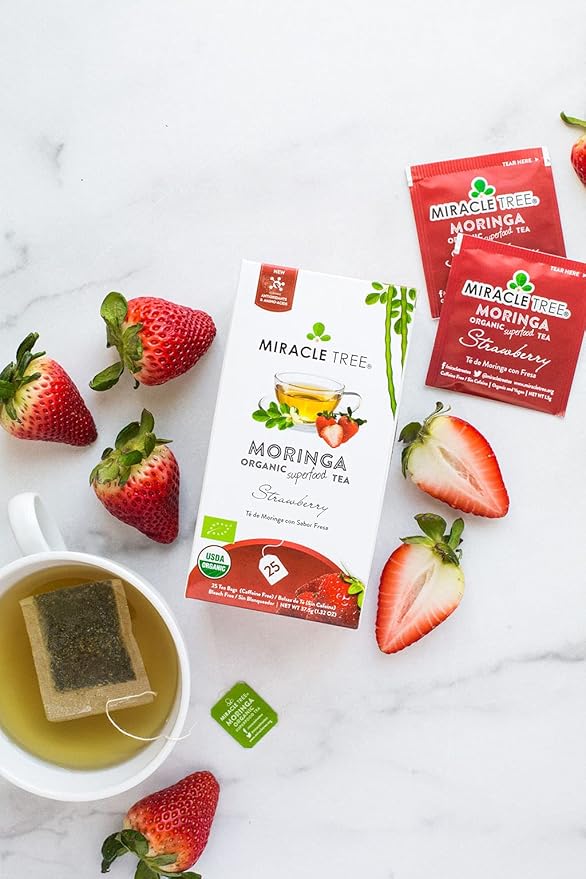 Miracle Tree - Organic Moringa Superfood Tea, 25 Individually Sealed Tea Bags, Strawberry (Keto, Detox, Energy & Immunity Booster, Vegan, Gluten-Free, Organic, Non-GMO, Caffeine-Free)
