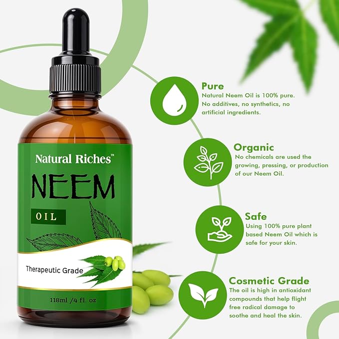 Natural Riches Neem Oil for Skin Care Cold Pressed, 100% Pure. Great for Hair Care, Skin, Nails, Acne Anti-Aging Moisturizer - You can also use it on plants. 4 fl. oz.