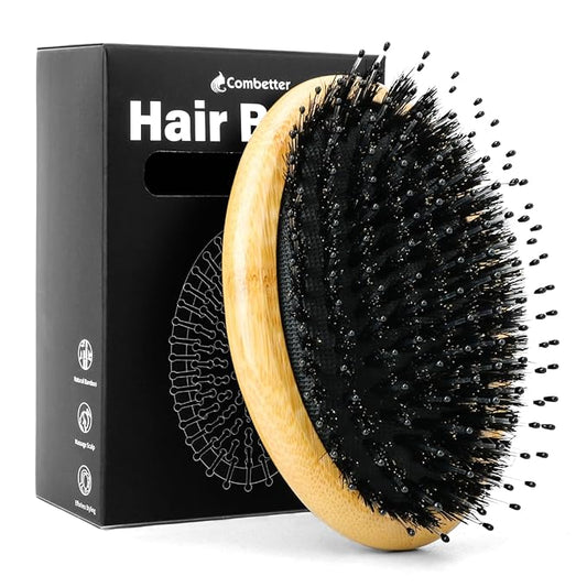 Boar Bristle Hair Brush Combtter Smoothing Scalp Stimulator & Boar Bristle Brush for Added Hair Shine, Moisture & Volume - Tame Frizz & Help Remove Buildup
