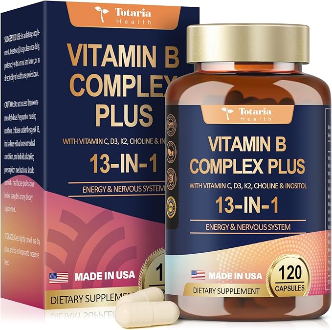 13-in-1 Vitamin B Complex Plus with Vitamin B1, B2, B3 (Niacinamide), B4, B5, B6, B7 (Biotin), B8 (Inositol), B9 (Folate), B12, C, D3, K2 - Energy, Nerve, Immune, Skin Support - 120 Vegan Capsules
