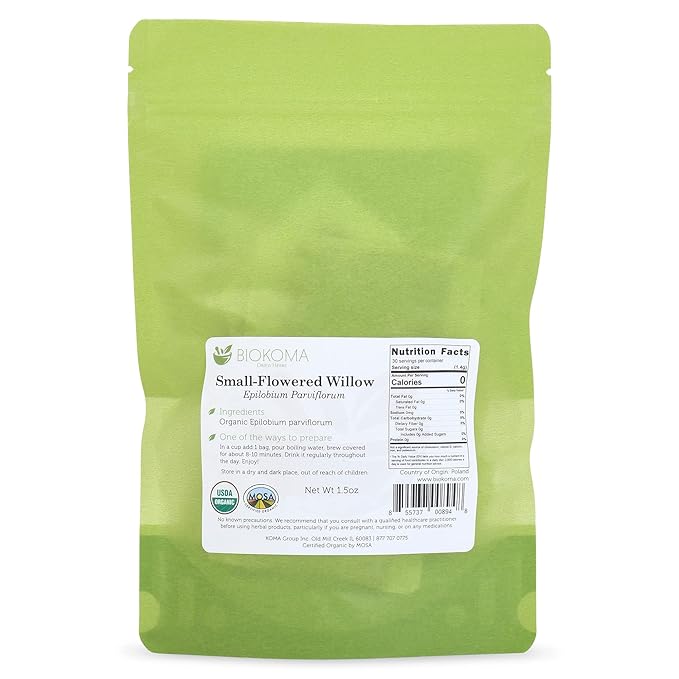 Biokoma Pure and Organic Small-Flowered Willow Epilobium Parviflorum Dried Herb 30 Tea Bags in Resealable Moisture Proof Pouch, USDA Certified Organic Herbal Tea No Additives No Preservatives, Kosher