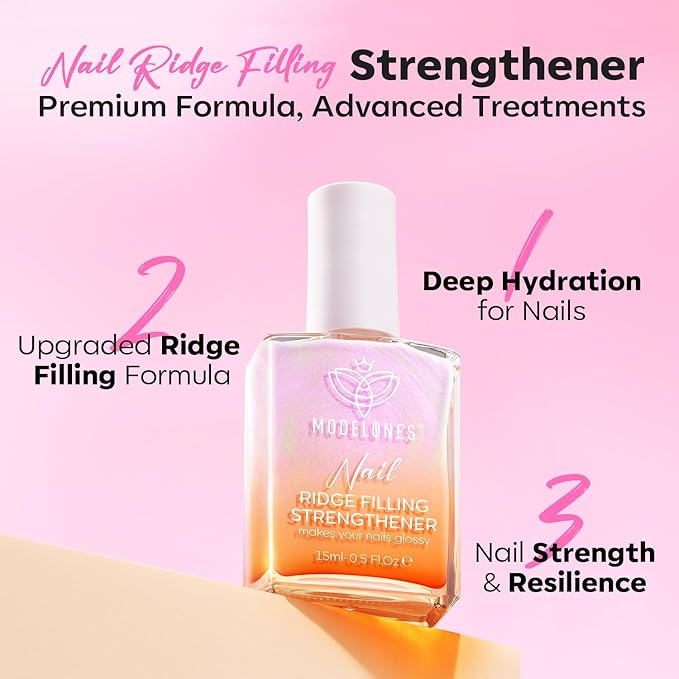 modelones Nail Strengthener Ridge Filler for Nails Repair Kits Pearl Pink White Nail Polish for Thin Weak & Damaged Nails Hardener for Nail Protection, Nail Care, 15ml