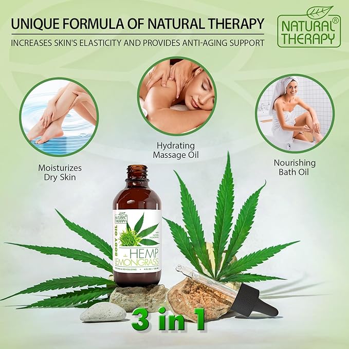 Natural Therapy Body Oil with Hemp & Lemongrass - Dry Skin Moisturizer and Hydrating Massage Oil - Increase Skin Elasticity and Provide Anti-Aging Support for Face and Body (4 fl.oz)