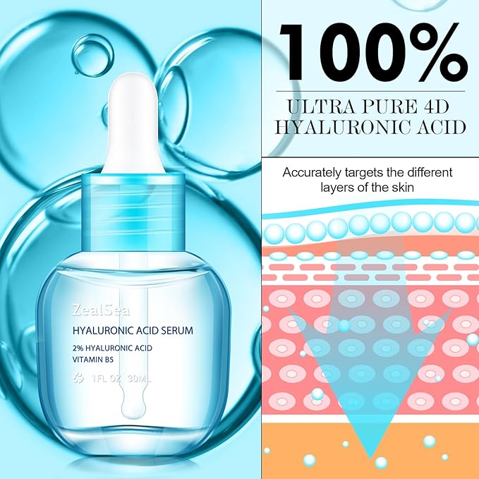 ZealSea Hyaluronic Acid Serum for Face 2 x 30ml, Facial Serum 2% Pure Hyaluronic Acid with Vitamin B5, Anti-Aging Skin Care Day & Night Hydrating Serum for Sensitive Skin and Dry Skin