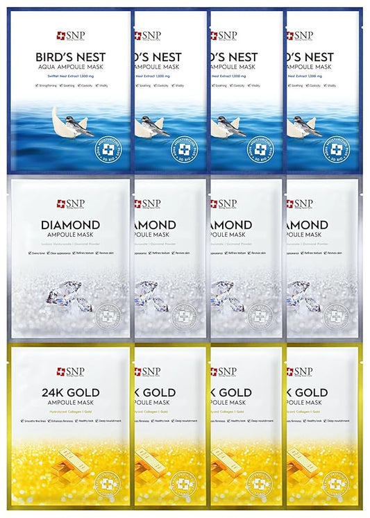 [K Beauty Snp] Variety Ampoule Sheet Mask Set | Bird's Nest, 24K Gold, and Diamond Face Mask | Hydrating, Moisturizing, Nourishing for Sensitive Facial Skin | Korean Face Masks Skincare | 12 Sheets
