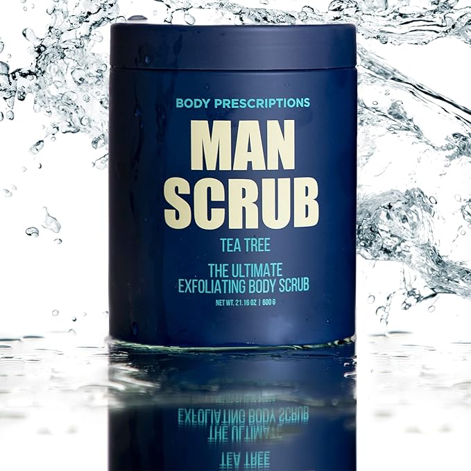 Body Prescriptions Men’s Exfoliating Body Scrub – Ultimate Skin Cleansing Wash in Jar with Twist-Top Lid, For All Skin Types, 21 Ounce (Pack of 4), Tea Tree