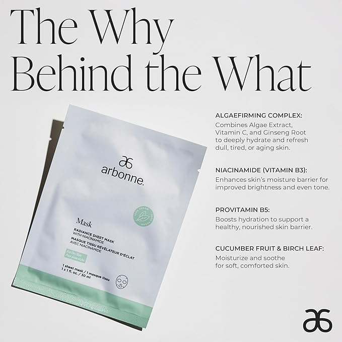 Arbonne Radiance Face Sheet Mask - Sheet Face Mask with Niacinamide for Dry and Dull Skin, Enhance Brightness, Tone, Smooth and Hydrate Skin - 5 Pack