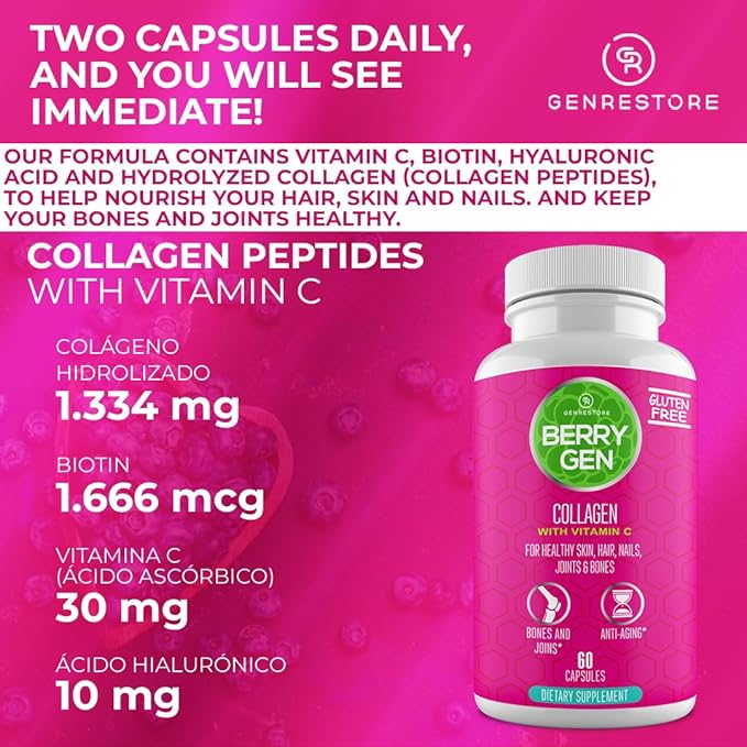 Collagen Peptides Supplement with Vitamin C, Biotin, and Hyaluronic Acid - 60 Capsules - Natural Formula - Supports Joints, Hair, Skin, and Nails - Made in The USA