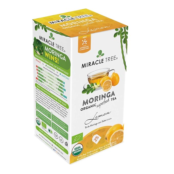 Miracle Tree - 12 Count of Organic Moringa Superfood Tea, 25 Individually Sealed Tea Bags, Lemon (Keto, Detox, Energy/Immunity Booster, Vegan, Gluten-Free, Organic, Non-GMO, Caffeine-Free)