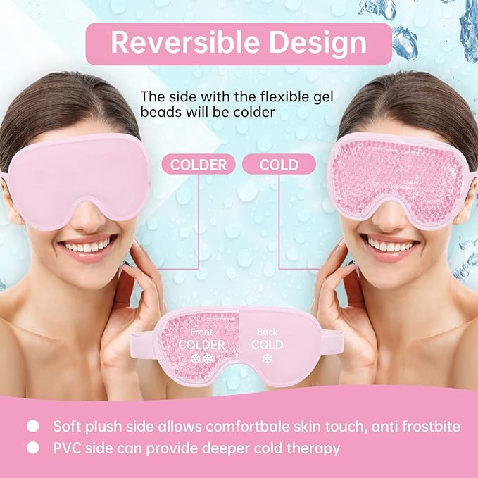 2 PCS Reusable Hot Cold Therapy Gel Bead Eye Mask for Puffiness, Dark Circles, Bags, Dry Eyes, Headaches, Migraines, Stress Relief - Cooling Ice Pack (Pink)