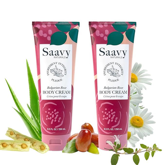 Saavy Naturals Bulgarian Rose Moisturizing Body Cream, Absorbent Shea Butter Vegan Formula for Men & Women, Thick and Creamy, Naturally Scented for Dry Sensitive Skin - 8.5 Oz, 2 Pack. Made in the USA
