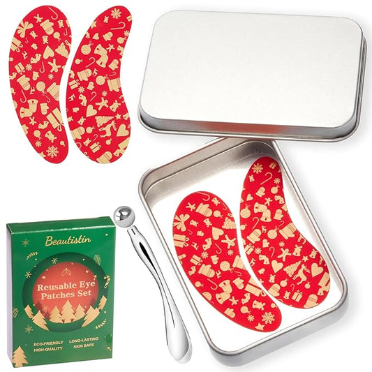 2 Pairs Reusable Under Eye Wrinkle Patches Silicone Mask, Plump Fine Lines & Wrinkles, with Metal Eye Cream Applicator, Tin Case, Christmas Red