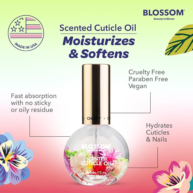 Blossom Cuticle Oil for Nails, Hydrating, Moisturizing, Scented Nail Oil Cuticle Care, Infused with Real Flowers, Made in USA, 0.5 fl. oz, Cherry