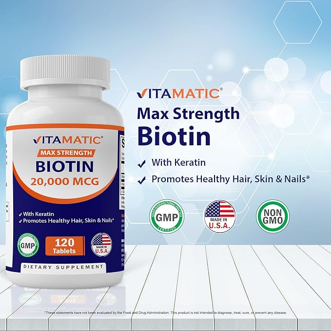 Vitamatic High Potency Biotin 20000 mcg (20mg) with Keratin 100mg - 120 Vegetarian Tablets - Biotin Supplements for Healthy Hair Skin & Nails for Adults (120 Count (Pack of 2))