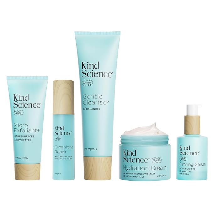 Kind Science 5-Piece Deluxe Anti Aging Skin Care Set for Day + Night Hydration, Anti Aging Treatment, Cleansing & Exfoliation - For Dry and Sensitive Skin - Fragrance Free, Cruelty Free