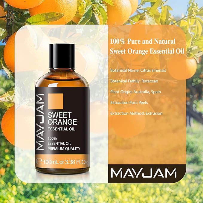 Sweet Orange Essential Oil, MAYJAM 100ml Premium Quality Sweet Orange Oil with Glass Dropper, Huge 3.38fl. oz, Perfect for Aromatherapy and Relaxation