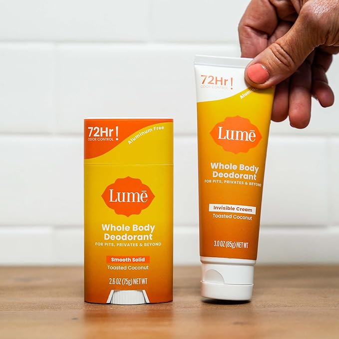 Lume Skin Care Gift Set for Women, Whole Body Deodorant Starter Pack -Smooth Solid Stick, Invisible Cream Tube, Acidified Body Wash Mini & Deodorant Wipes -Aluminum Free Odor Control (Toasted Coconut)