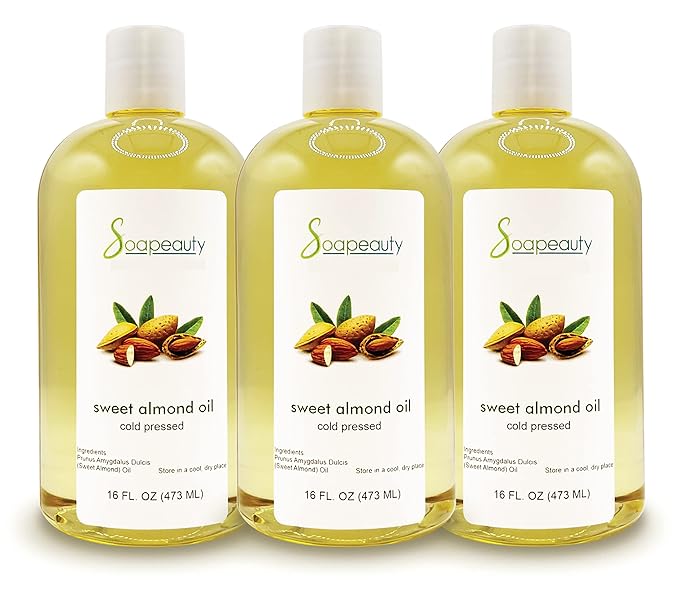 Soapeauty Sweet Almond Oil Cold Pressed Refined | 100% Pure Sweet Almond Oil Available in Bulk | Carrier for Essential Oils, Almond Oil for Skin, Face, and Hair, Soap Making | 48 fl oz (3 * 16 fl oz)