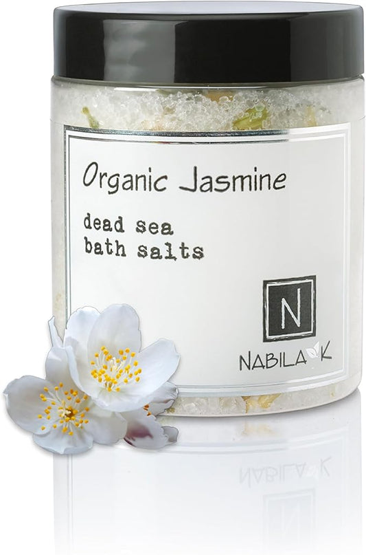 Organic Jasmine Bath Salts by Nabila K - Dead Sea Salt & Epsom Salt Scrub & Soak - Exfoliates & Hydrates Skin, Botanical Essential Oils - Bubble Bath Accessories for All Skins Types, 2 oz