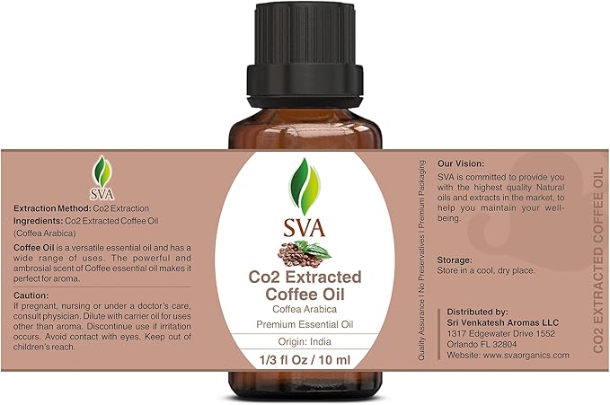 SVA Coffee Essential Oil – 1/3 Fl Oz – 100% Natural Coffee Oil - for Diffuser, Hair Care, Face, Skin Care, Aromatherapy, Scalp and Body Massage, Soap and Candle Making