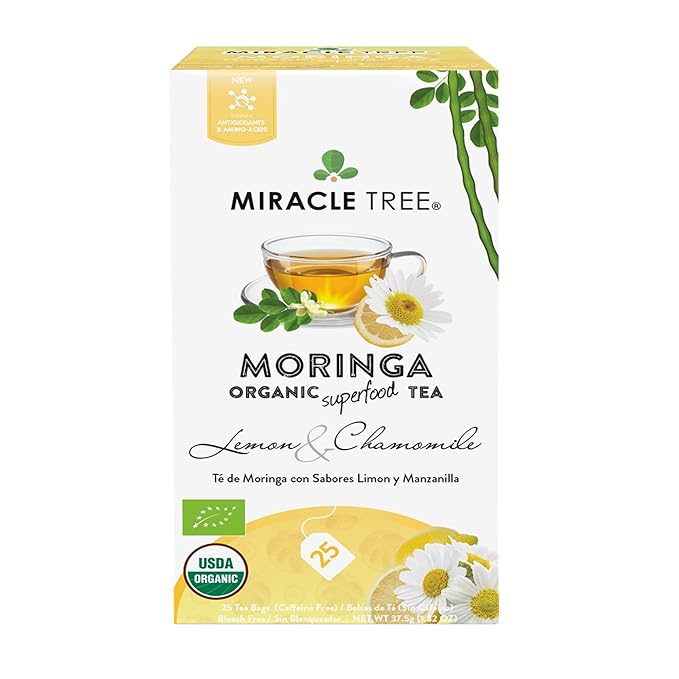 Miracle Tree - Organic Moringa Superfood Tea, 25 Individually Sealed Tea Bags, Lemon Chamomile (Keto, Detox, Energy/Immunity Booster, Vegan, Gluten-Free, Organic, Non-GMO, Caffeine-Free)