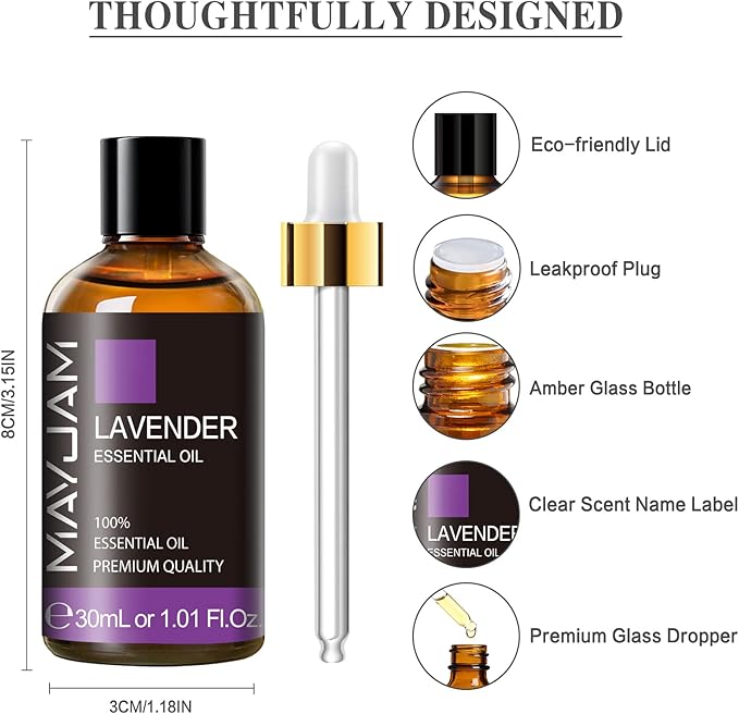 Lavender Essential Oil 30ML/ 1.01FL.OZ, MAYJAM Pure Aromatherapy Lavender Oil for Massage, Diffuser, Soap Making, Long Lasting Scents