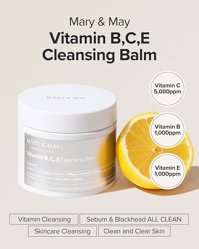 Mary&May Vitamin B, C, E Cleansing Balm - Oil Balm Gentle Makeup Remover and Skin Purifier for Glowing, Clear Skin - Hypoallergenic and Cruelty-Free, EWG ingredients, 4.06oz.