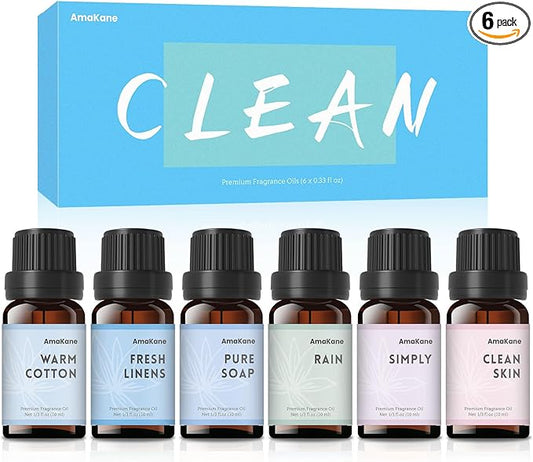 AmaKane Fragrance Oils Clean Set, 6 Premium Soap Making Scents, Fragrance Oil for Candle Making, Essential Oils for Laundry, Fresh Linen, Clean Skin, Warm Cotton and More Aromatherapy Diffuser Oils
