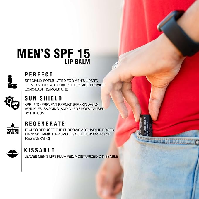 Lip Repair Balm - Men’s Lip Balm with SPF 15 - With Aloe Vera & Vitamin E - Repair & Hydrate Dry, Cracked, Chapped Lips - Long-Lasting Moisture - Clear Balm - Lip Care - Vegan - 1 Pack
