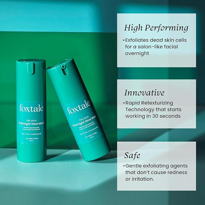 Foxtale The Diva Overnight Glow Mask, 4% Glycolic Acid, 3% Lactic Acid, 30 Second Salon like Brightening Facial for Clear, Smooth & Soft Skin, Men & Women - 1.05Oz