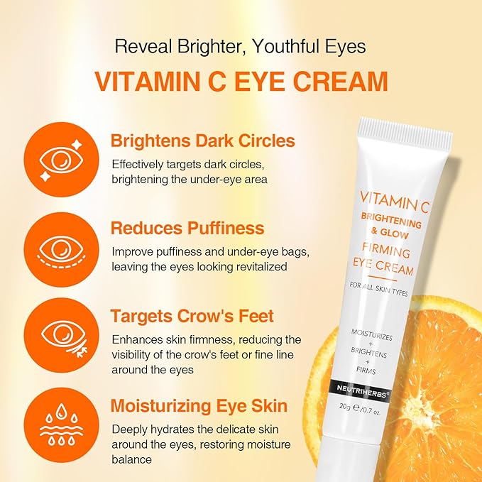 Neutriherbs Eye Cream Vitamin C Eye Gel for Dark Circles, Eye Bags, Puffiness, Eye Massage Under Eye with Hyaluronic Acid, 20g e/0.7 oz.