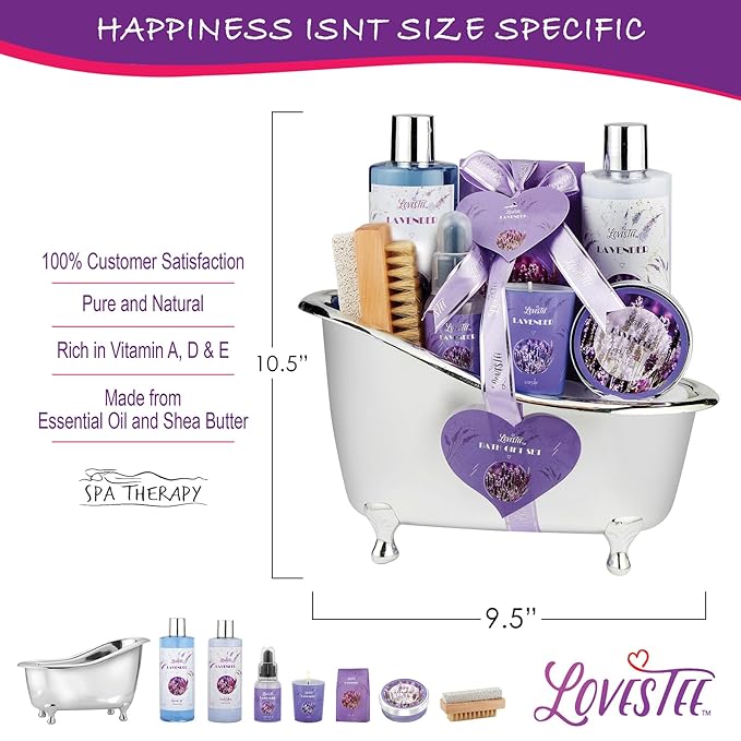Monthers Day Gifts, Relaxing Lavender Spa Gift Baskets for Wome Birthday, Bath and Body Set-Kit Includes Candle, Essential Oil, Body Scrub, Bath Salt, Body Lotion, Shower Gel and Body Scrub Brush