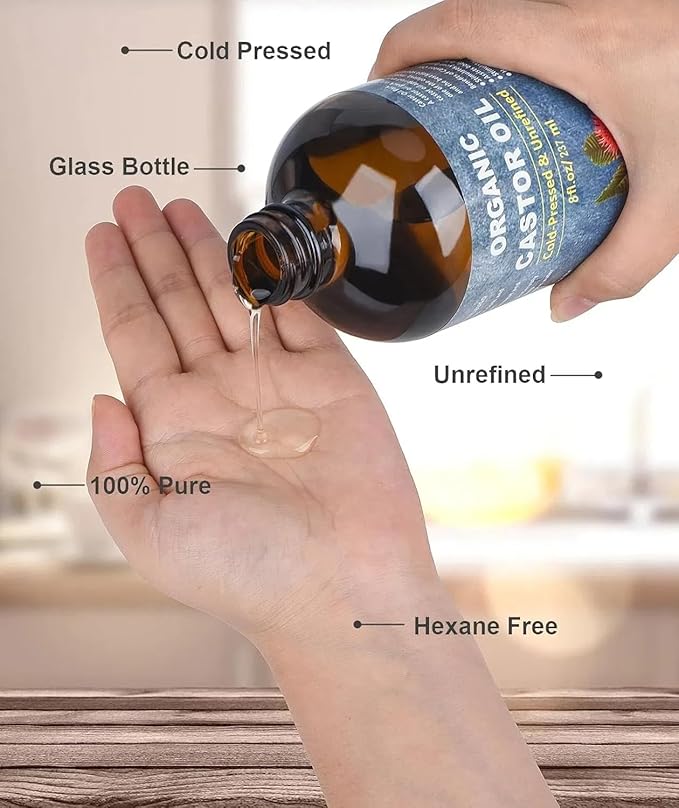 Organic Castor Oil for Face Roll On，Rollerball Castor Oil, Deep Hydration for Skin Care and Hair, Castor Oil Organic Cold Pressed Unrefined Glass Bottle 8oz with 2 Roller