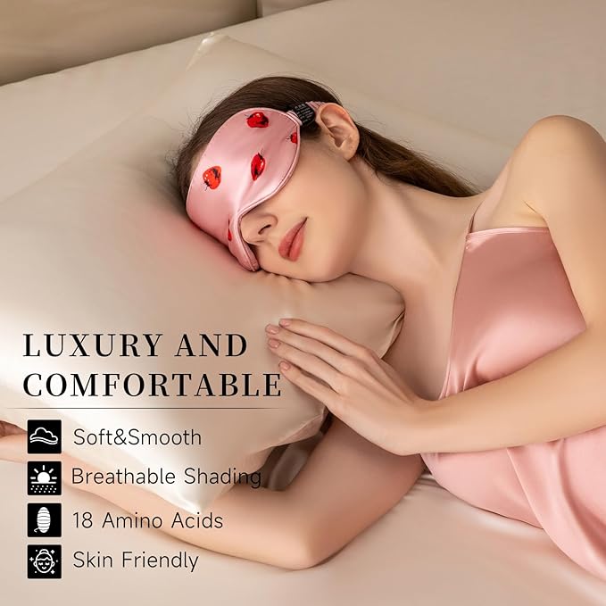 THXSILK Sleep Mask 100% 19 Momme Pure Mulberry Silk Super Smooth Cooling Decorative Sleep Eye Mask Blackout Eye Cover with Wide Head Strap, Strawberry-Pink
