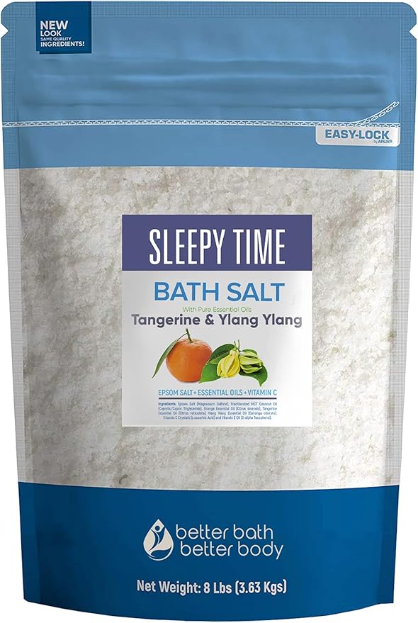 Sleepy Time Bath Salt 128 Ounces (8 Lbs) Epsom Salt with Natural Tangerine and Ylang Ylang Essential Oils Plus Vitamin C in BPE Free Bulk Size Pouch with Easy Press Lock Seal Made in USA