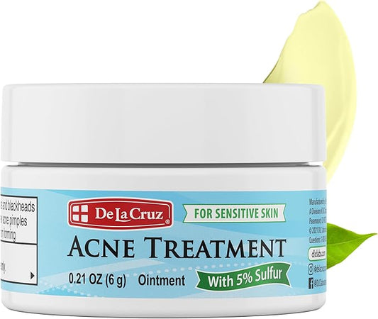 De La Cruz 5% Sulfur Ointment Travel Size - Cystic Acne Treatment for Face and Body - Daily 10 Min Spot Treatment and Effective Game Changing Hormonal Acne Treatment that Clears Up Pimples 0.21OZ