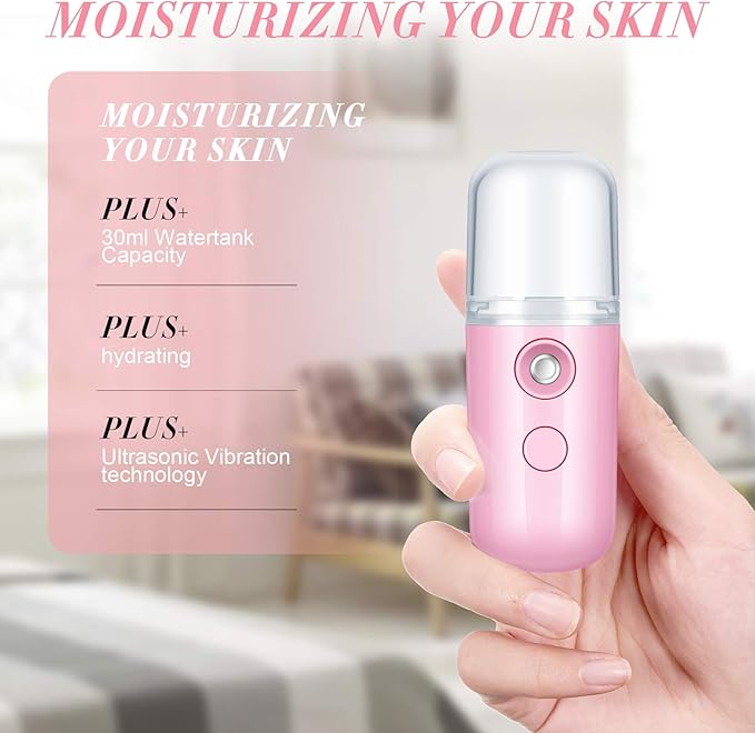 Honoson 2 Pieces Nano Facial Mister 30 ml Mini Face Humidifier Portable Facial Sprayer USB Rechargeable Handy Skin Care Machine for Face Hydrating, Daily Makeup (Blue and Dark Pink)