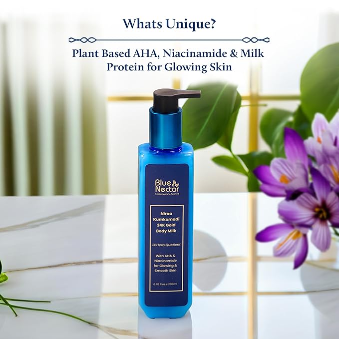 Blue Nectar 24K Carat Gold Body Milk for Women & Men | Body Lotion with Plant Based AHA & Niacinamide | Moisturizer for Body | All Skin Types (14 Herbs, 6.76 Fl Oz)