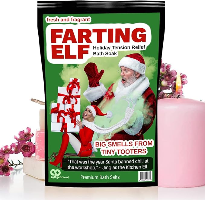 Farting Elf Bath Salts Soak - Holiday Stress Relief Gag Gift for Adults - Funny Christmas Gifts for Friends - Fresh and Fragrant White Elephant Stocking Stuffer, Pink Rose