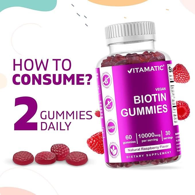 Vitamatic Biotin Gummies 10,000 mcg for Stronger Hair, Skin & Nails - 60 Vegan Gummies - Also Called Vitamin B7 (1 Bottle)