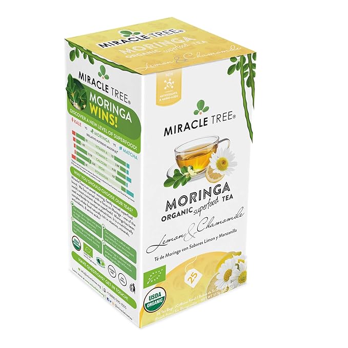 Miracle Tree - Organic Moringa Superfood Tea, 25 Individually Sealed Tea Bags, Lemon Chamomile (Keto, Detox, Energy/Immunity Booster, Vegan, Gluten-Free, Organic, Non-GMO, Caffeine-Free)