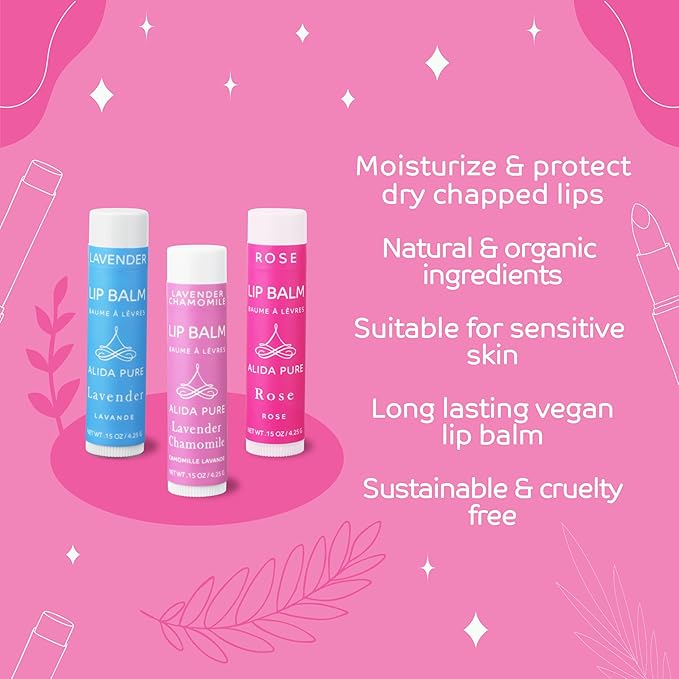 Floral Lip Balm Collection, Vegan Lip Balm Set, Beeswax Free, with Avocado Oil, Organic Jojoba Oil, and Vitamin E, Natural Moisturizer for Dry, Chapped or Cracked Lips, 3 Tube Set