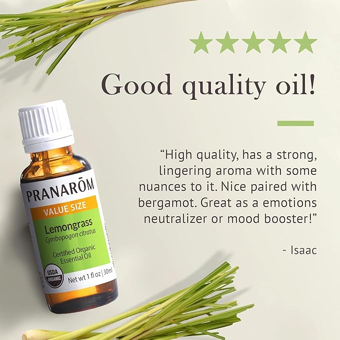 Pranarom USDA Certified Organic Lemongrass Essential Oil (30ml), 100% Pure Undiluted Therapeutic Grade from India for Aromatherapy, Diffuser, Meditation, Massage, Relaxation, Citrus - Lemon